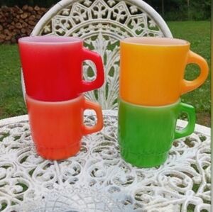 Fire King Set Of 4 Primary Colored Coffee Mugs Vintage Anchor Hocking Oven Proof